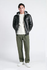 GIUBBOTTO BIKER CON CAPPUCCIO IN FELPA REMOVIBILE NERO